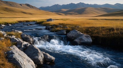 Enchanting Babbling Brook with Crystalline Waters Amidst Rugged Altai Steppe Near Chagan-Ouzun: A Scenic and Tranquil Natural Masterpiece
