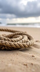 Fototapeta premium Macro shot of thick twisted rope on wet sand, ocean tide softly reaching in the background, moody overcast lighting