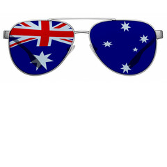 White background with sunglasses with Australia flag