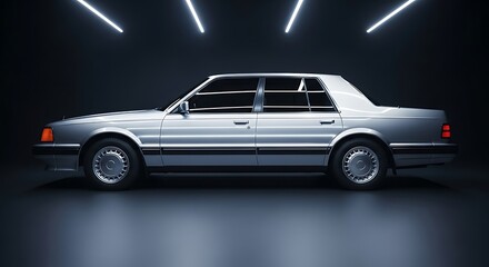 Classic Silver Car Parked Under Glowing Neon Lights in Dark Studio