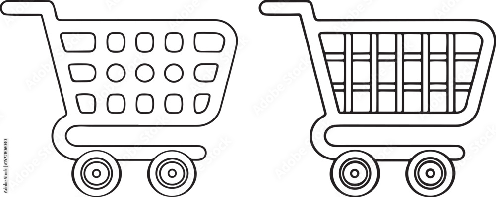 Poster shopping cart icon in simple line style with wheels and basket for e commerce retail and online chec