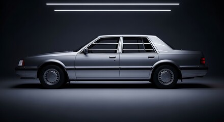 Classic Silver Sedan Car on Dark Background with Neon Lights