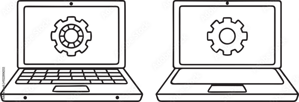 Poster laptop icon set including open laptop and closed notebook for business remote work and tech user int
