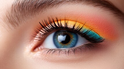 Obraz premium An artistic close-up of a captivating eye showcasing a blend of vibrant makeup colors, reflecting creativity and personality while emphasizing beauty and self-expression in art.