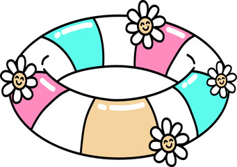 Retro Groovy Cartoon Rubber Ring Float With Flowers Illustration