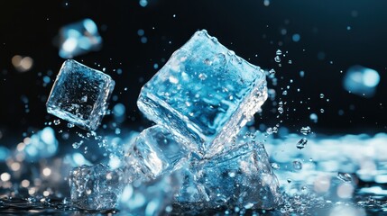 Capturing the lively motion of ice cubes splashing into cool water, this image embodies refreshment and a sense of coolness, perfect for illustrating beverages or summer.