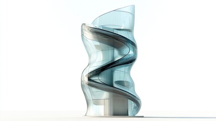 A stylized rendering of a glass and metal tower, featuring a sinuous, spiraling form.  The transparent structure reveals an internal helical staircase. It rests 