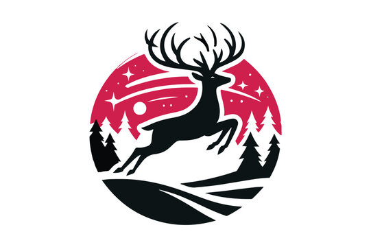 Deer Silhouette logo image. Hart, Pricket, Venison, Doe, Buck, Stag, Roe, Fawn art Illustration logo.