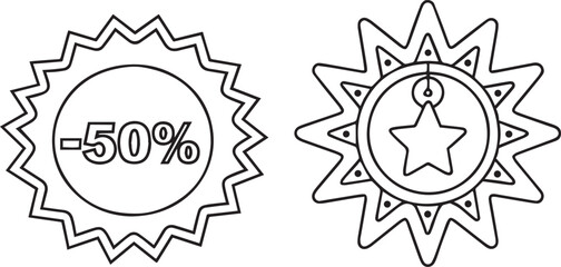 Discount Badge Icon Set Featuring Round 50 Label and Starburst Style for Seasonal Promotions and E Commerce Sales