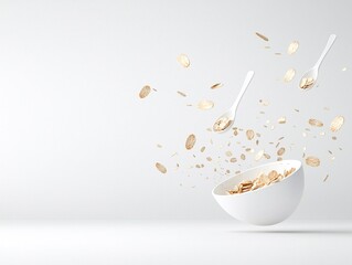 Floating Oatmeal Cereal Grains and Spoons in White Bowl