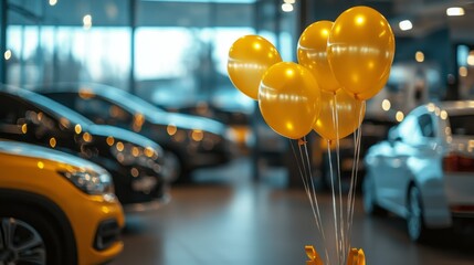 Car dealership event showcasing yellow balloons and vehicles in a bright indoor setting