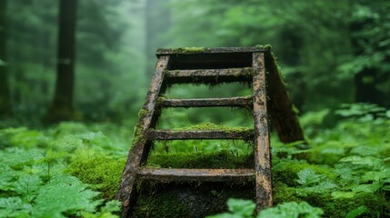 An old, rustic wooden ladder covered in vibrant green moss stands amidst dense foliage in a serene forest, symbolizing adventure and the beauty of nature's reclamation.