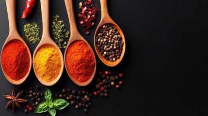 An array of vibrant spices displayed in wooden spoons creates a visual feast of colors, symbolizing culinary diversity and the richness of global food traditions.