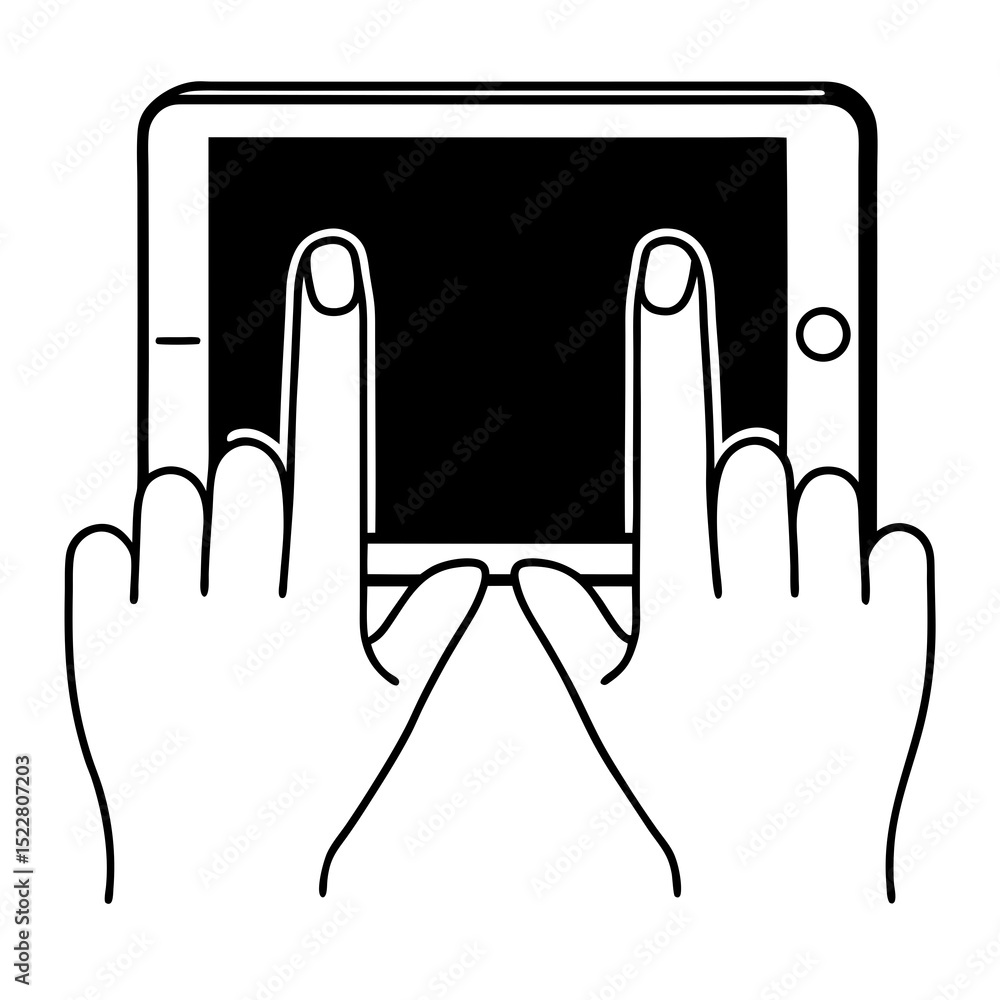 Poster a sleek tablet touchscreen design featuring hands interacting with the device, perfect for app inter