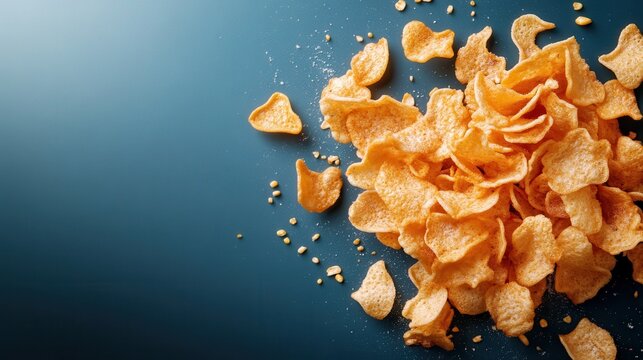 A vibrant pile of crispy golden potato chips is scattered across a sleek blue background, enticing snack enthusiasts and food photographers alike with its texture.