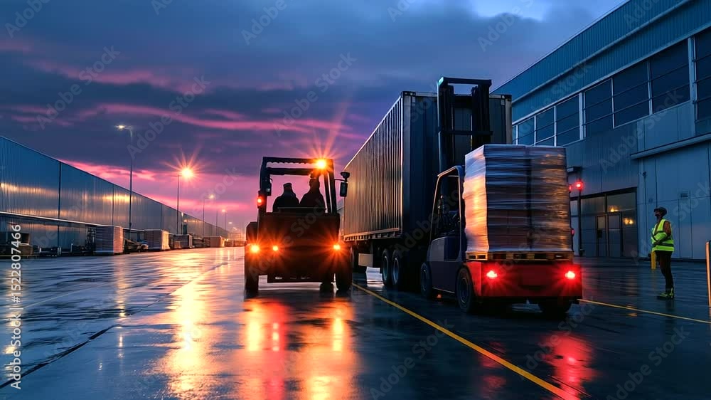 Poster twilight scene at a large warehouse dock, forklift operators swiftly unloading stacked pallets from 