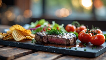 Steak Accompanied by Grilled Tomatoes, Chips, and Salad. Featuring Empty Space for Text
