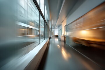 Fototapeta premium Modern Office Corridor Design Abstract Blurred Lines Minimalist Architecture Interior Workspace Contemporary Business Building Glass Walls Long Hallway Professional Environment Clean Lines Sleek 