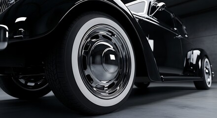 Elegant Black Car with Whitewall Tires Posing in Studio on Concrete Floor