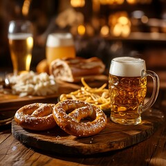 Festive Brews and Bites: A close-up shot unveils a hearty selection of traditional German fare, with crisp pretzels and a frothy beer stein.