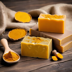 Natural turmeric soap on wooden surface. Yellow handmade soap bars with turmeric powder.