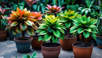 Aglaonema ornamental plants with vibrant leaf colors are grown in pots.