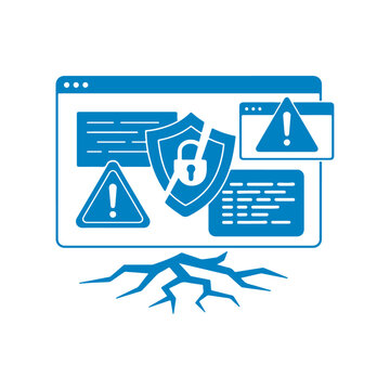 of a cracked browser window with warning signs and a broken security shield. Concept of cybersecurity breach, malware alert, or system vulnerability.