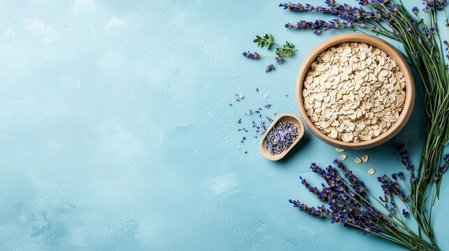 A bowl of natural oats surrounded by fragrant lavender, capturing the essence of health and wellness, perfect for promoting organic food and soothing self-care products.