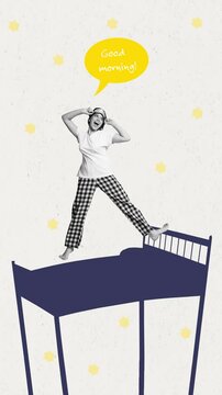 Creative poster motion collage video of happy sleepy girl jump bed good morning