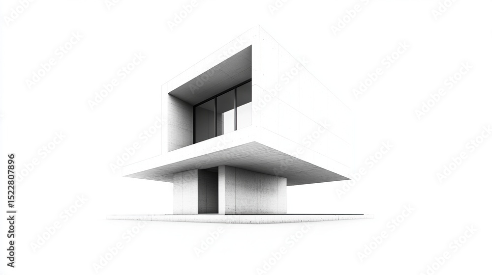 Poster monochromatic rendering of a minimalist, cubic dwelling elevated on a concrete base, featuring a rec