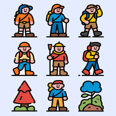 Adventurous hiker icon in nature with backpacks and gear doing outdoor exploration and mountain trekking.