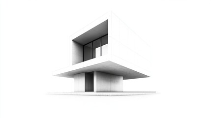 Monochromatic rendering of a minimalist, cubic dwelling elevated on a concrete base, featuring a recessed balcony and large glass window