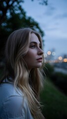 Naklejka premium A pensive young woman gazes thoughtfully at the sky during the twilight hours, her profile beautifully lit. The background shows a city skyline, evoking feelings of reflection