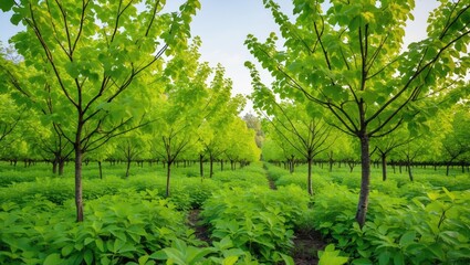 Fototapeta premium Bright Green Leaved Trees Growing In A Field with Empty Copy Space For Text