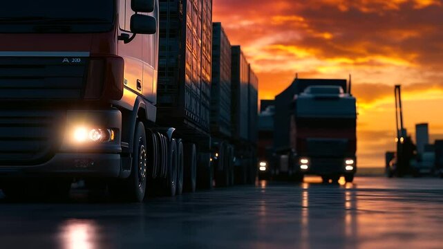 Cargo trucks reverse toward open warehouse bays as sunset paints the sky, with workers quickly unloading crates and materials