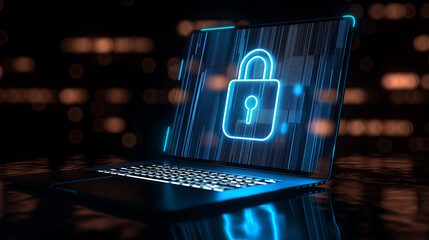 Secure Digital Technology Concept Featuring Glowing Lock Icon on Laptop Screen