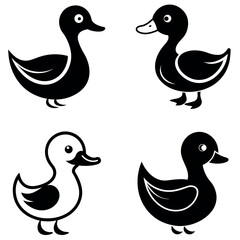 Four Cartoon Duck Silhouettes in Black and White Color Palette Minimalist Design