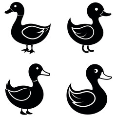 Four Simple Black and White Duck Illustrations with Varying Leg and Body Styles