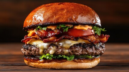 A mouth-watering burger with layers of bacon, cheese, lettuce, tomato, and sauce, showcasing a perfect blend of flavors and textures in a beautifully toasted bun.