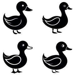 Four Stylized Black Duck Illustrations with Varied Wing Detail on White Background
