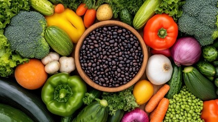 Abundance Of Fresh Vegetables Including Black Beans Broccoli and Tomatoes Neutral Backdrop