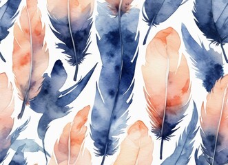 blue and red exotic bird feathers watercolor illustration on white background