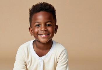 smiling diverse African American boy, wearing soft cream white pajamas or cardigan, on beige background. Lifestyle casual studio portrait.
