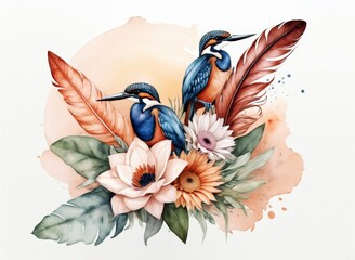 exotic  feathers, lyrebird and kingfisher birds on flowers watercolor print of white for a t-shirt design, red blue color palette, terracotta, blush, cream, sage colors. Artistic style. 
