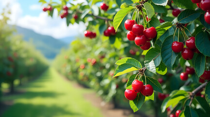 Fototapeta premium Photorealism Cherry Orchard Background – Lush Green Trees with Ripe Red Cherries in Bright & Cheerful Atmosphere with Copy Space