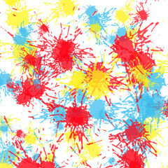 This vibrant image features a dynamic and energetic pattern of paint splatters in primary colors: red, yellow, and light blue.