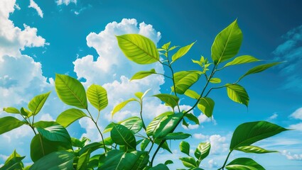 Obraz premium Green Leaves On Blue Sky And Clouds Background