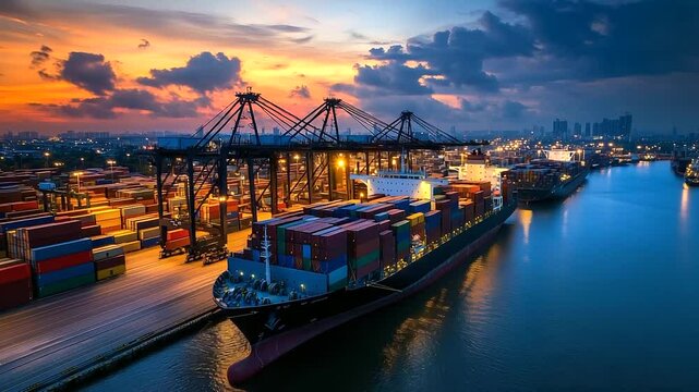 A large cargo ship docked at an industrial port, containers being unloaded onto waiting trailers as the last light of dusk fades into night