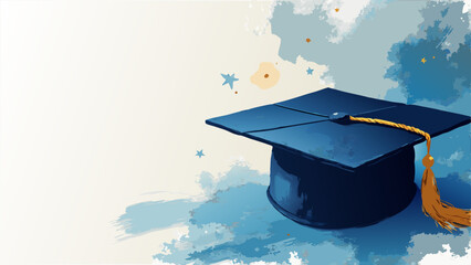 Vector Graduation Cap Background in Soft Blue & Gold – Celebratory & Uplifting Design with Copy Space