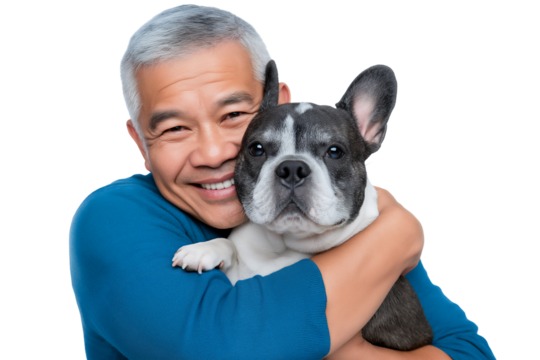 Older Asian man smiling and hugging his black and white French Bulldog, isolated on white or transparent background